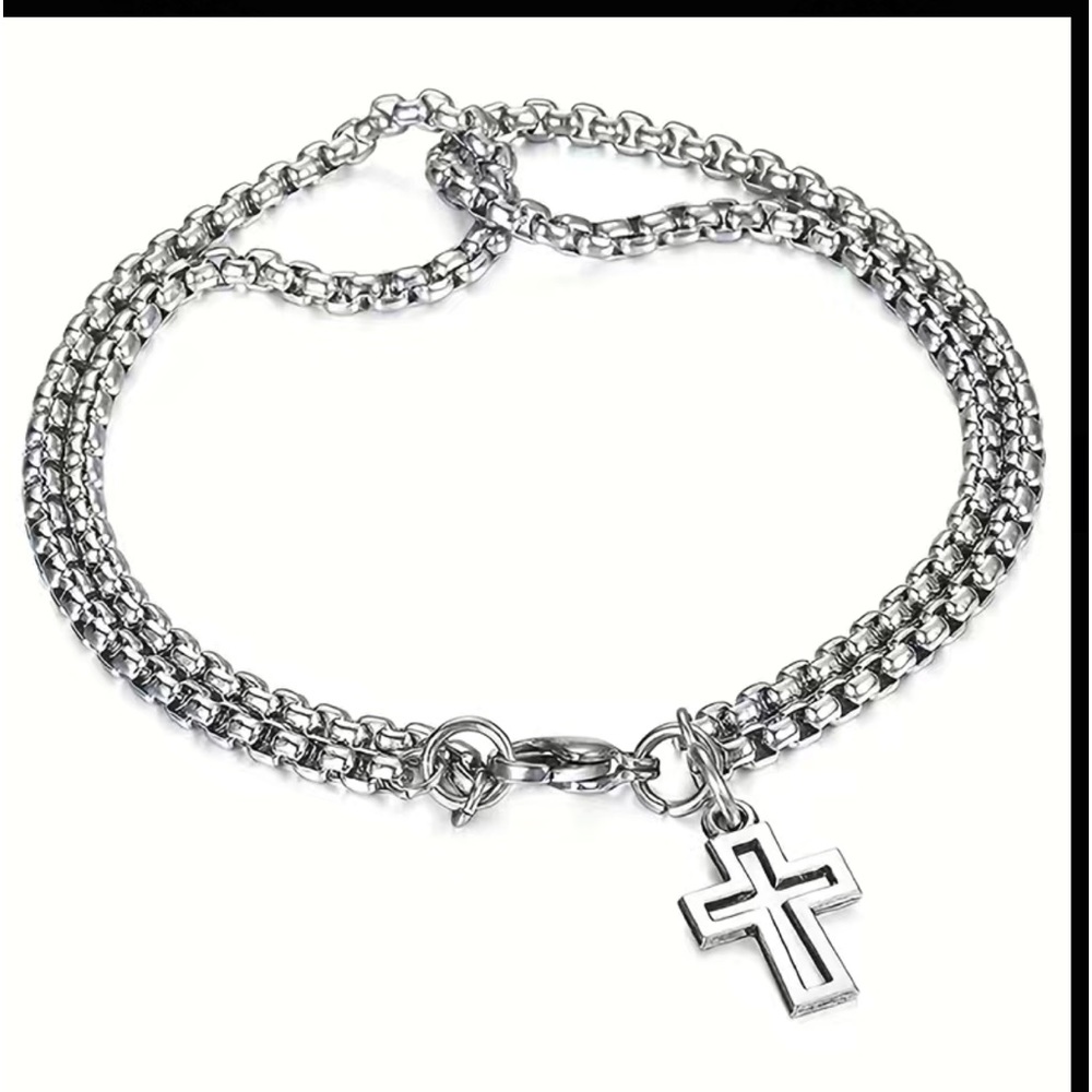 Silver Titanium Steel Double Chain Unisex Cross Bracelet